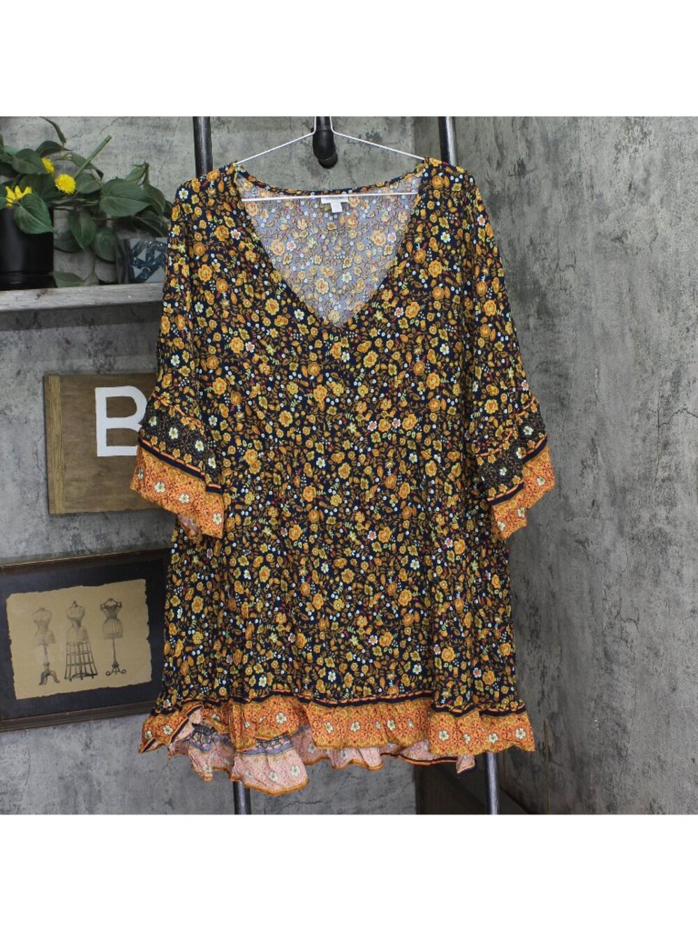 Avenue Plus Floral Print V Neck Flutter Sleeve Border Dress Dark Orange 22W/24W